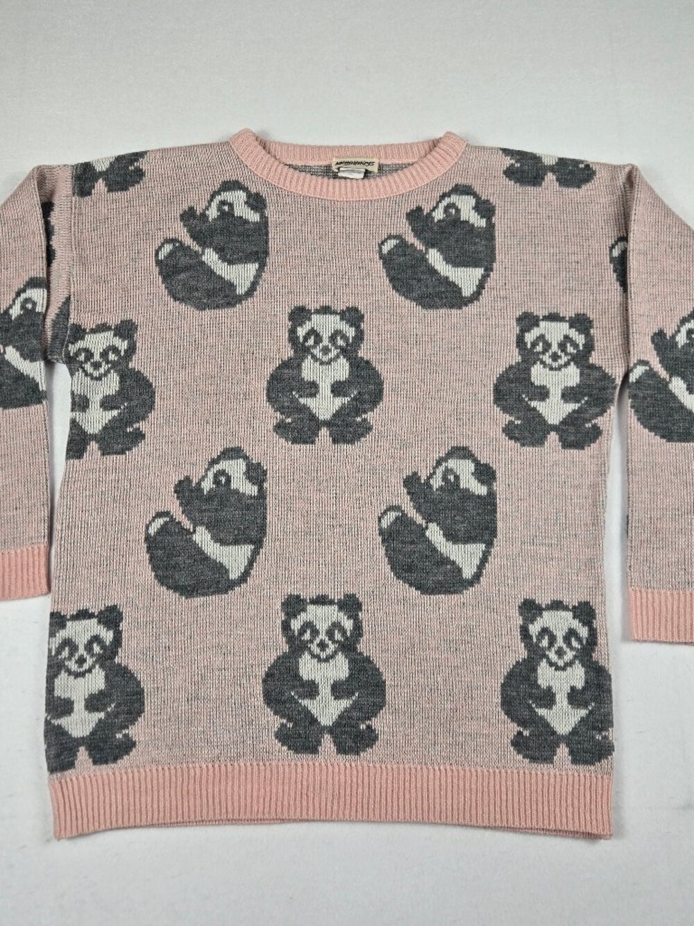 Knitmakers Pink Panda Knit Sweater Made in USA Cute Novelty Pullover Vintage